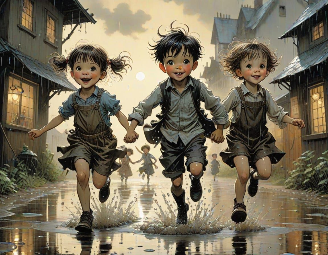Whimsical Children Leap into Evening Puddles with Meticulous...