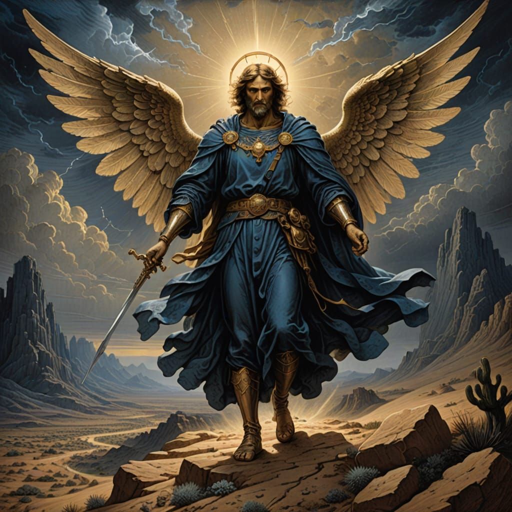 Angel Appears in Desert: Engraving in Doré Style