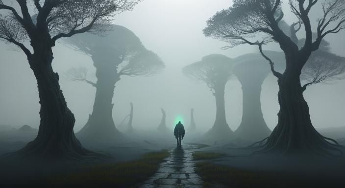 Traveler on Misty Path with Glowing Runes