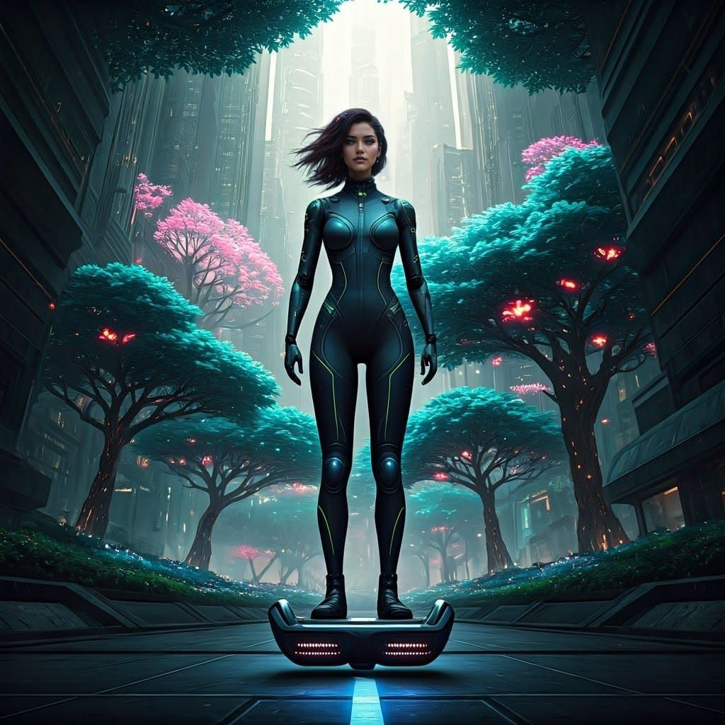 Cybernetic Woman Cruises Futuristic Metropolis