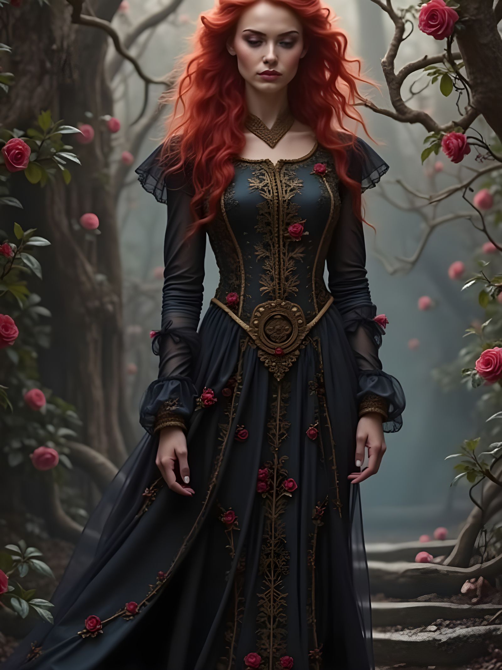 Ethereal Goddess in Velvet Red Gown, Cyberpunk Style