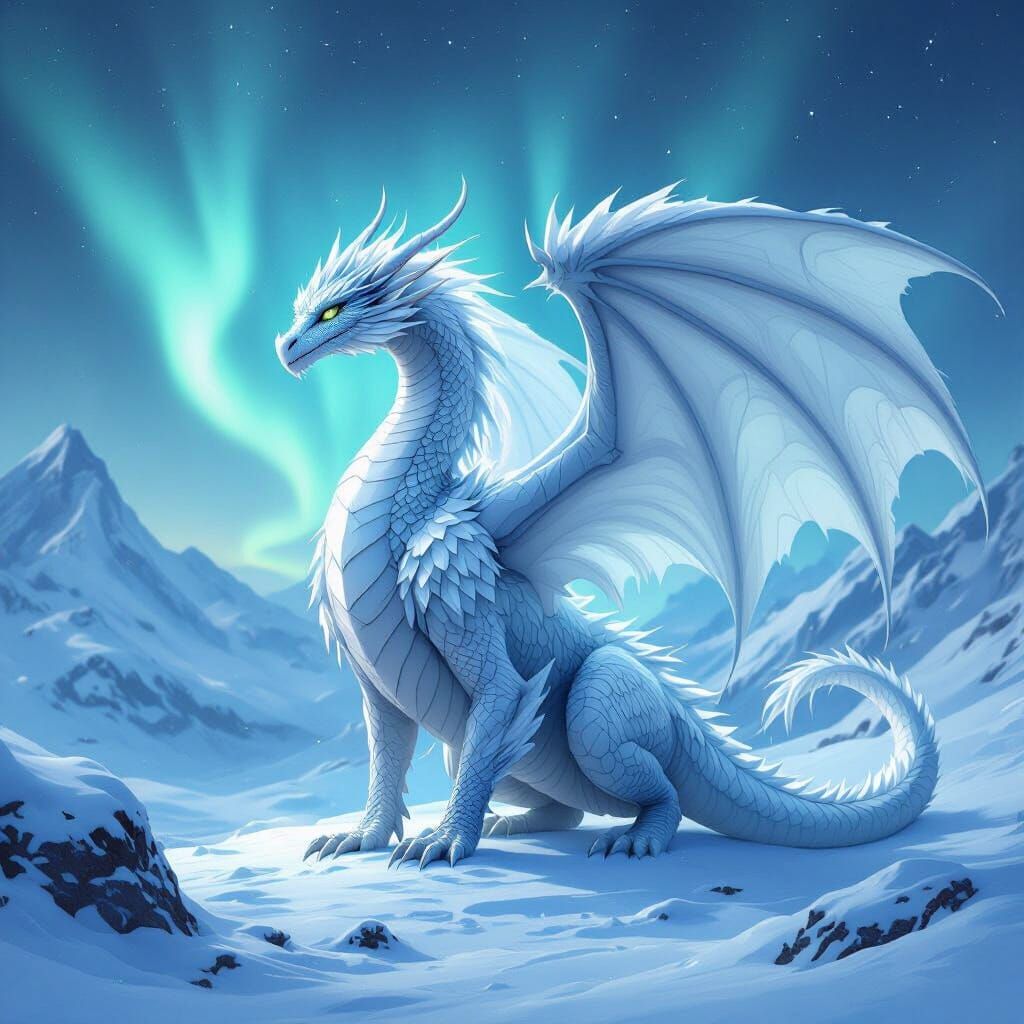 Majestic Feathered Dragon in Snowy Aurora Landscape