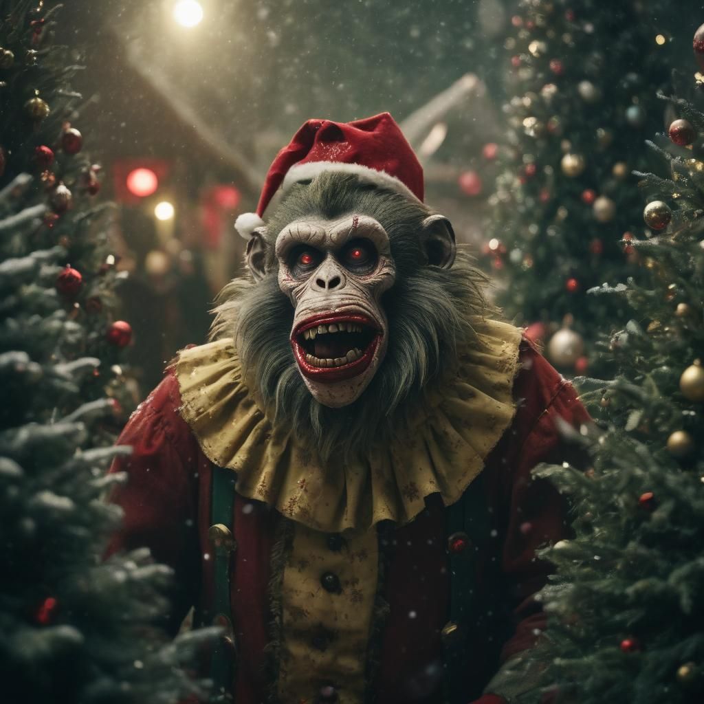 Epic Cinematic Still: Zombie Monkeys Adorn Christmas Trees