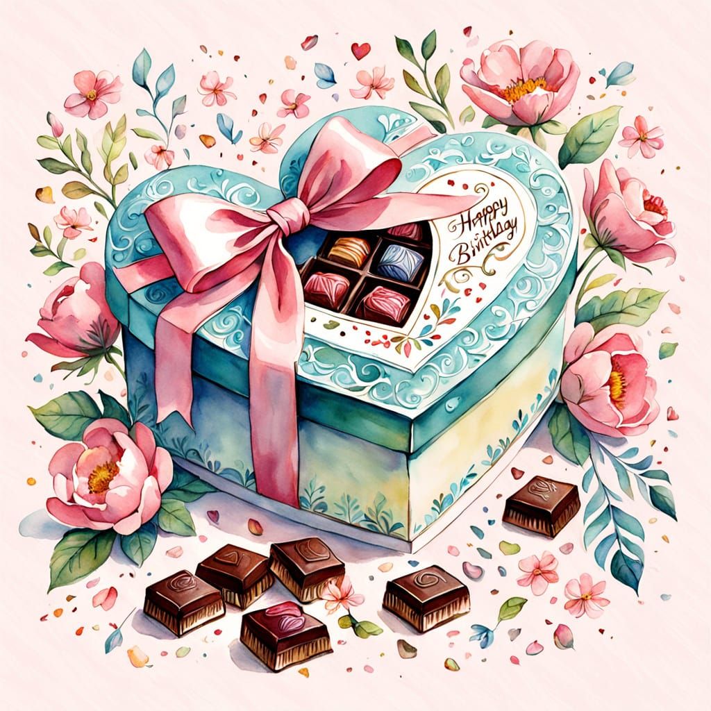 Watercolor Birthday Card with Chocolates and Flowers