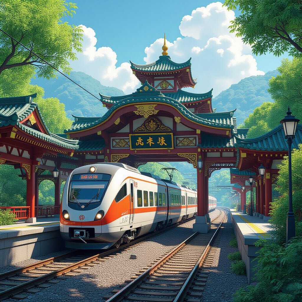 Anime Train Station: Vibrant 3D Digital Art