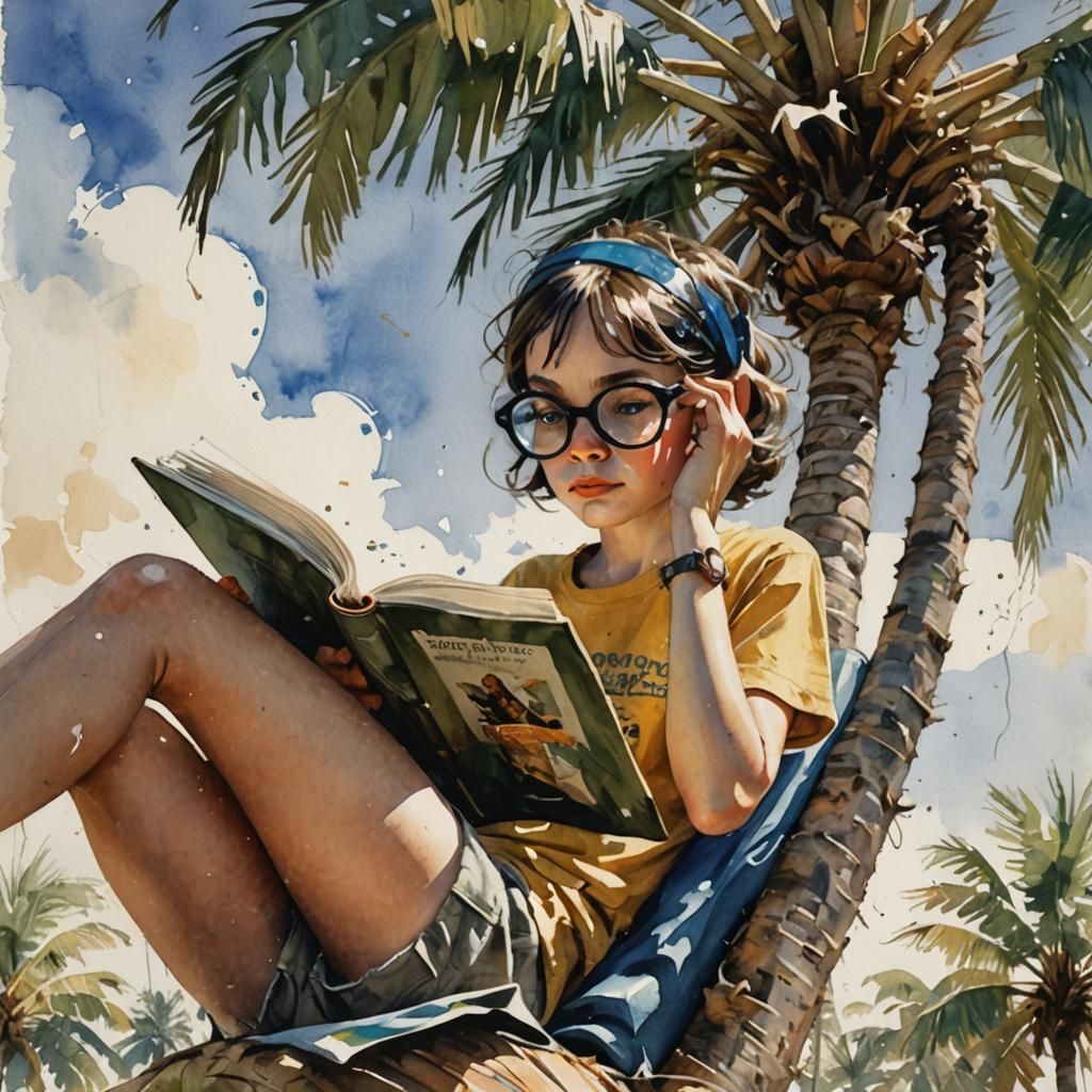 Girl Reading in Palm Tree Watercolor Illustration