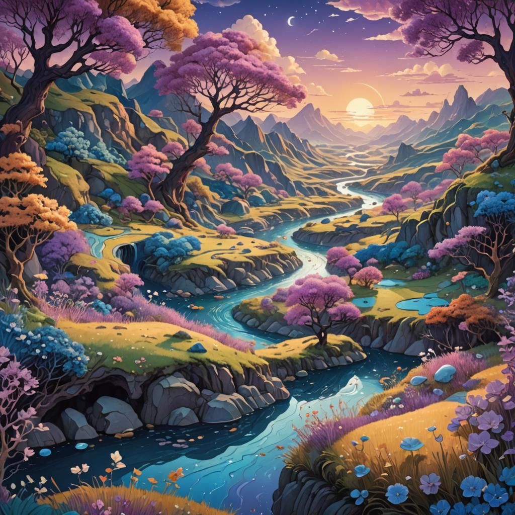 Whimsical Surreal Landscape with Imperfect River in Matte Pa...
