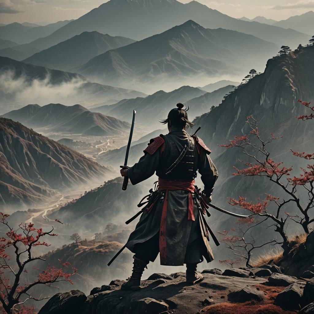 Samurai on Mountain with Bloodied Hands