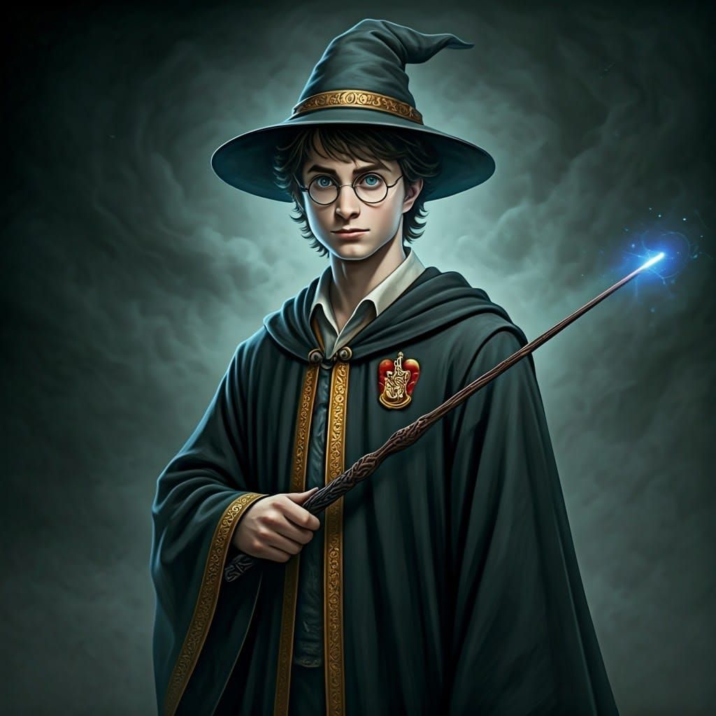 Young Wizard in Robes and Hat Holding Wand