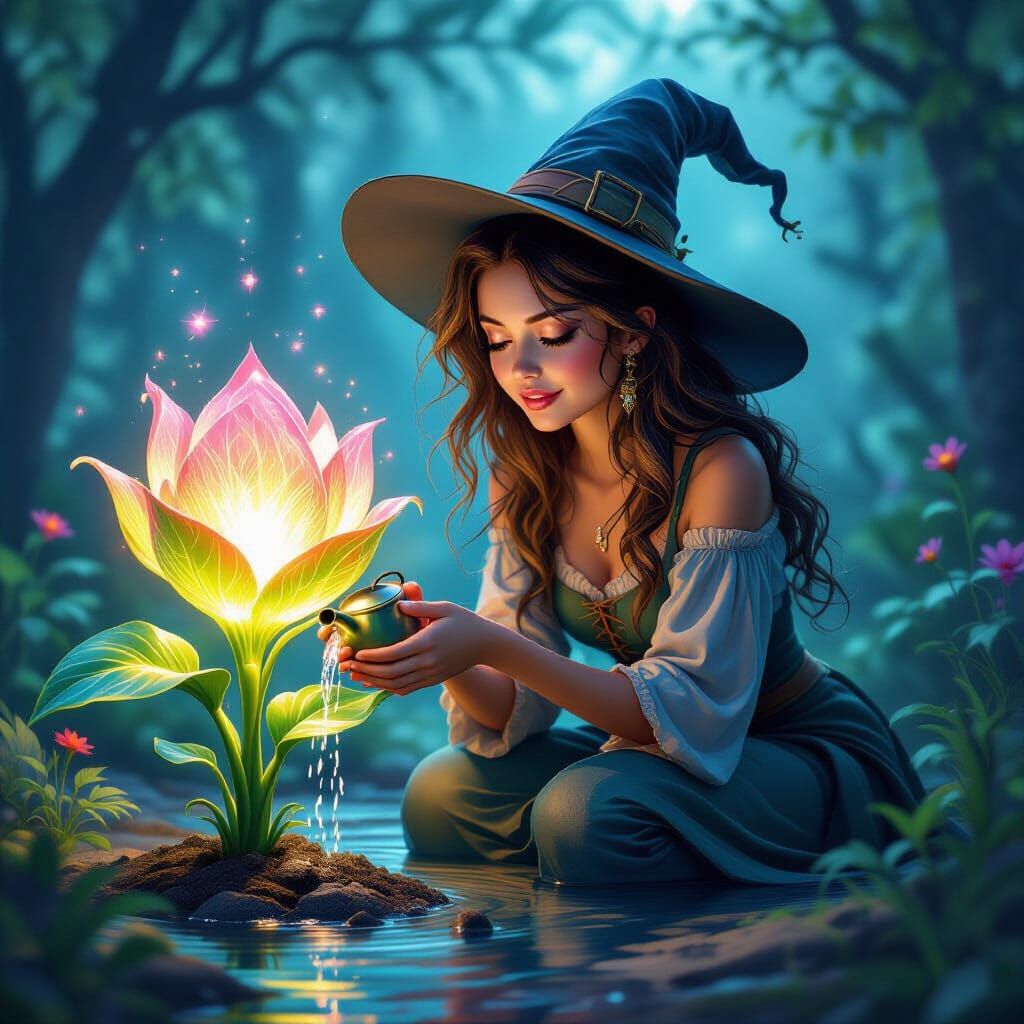 Adorable Witch Tends Glowing Magical Plant in Splash Art Sty...