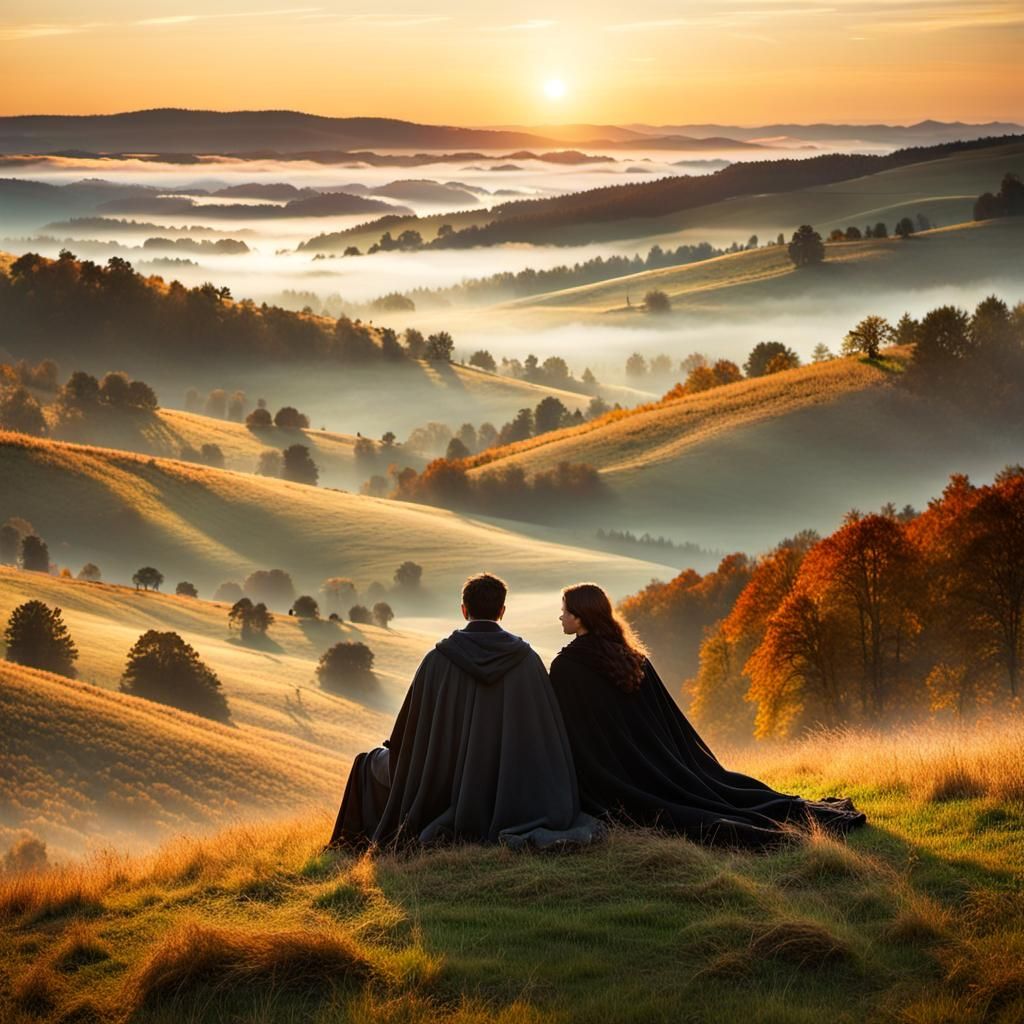 Misty Autumn Valley Sunrise: A Cinematic Film Still