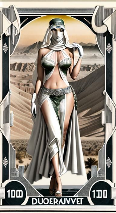 Art Deco Model with Banknotes, Waterfall and Mountains