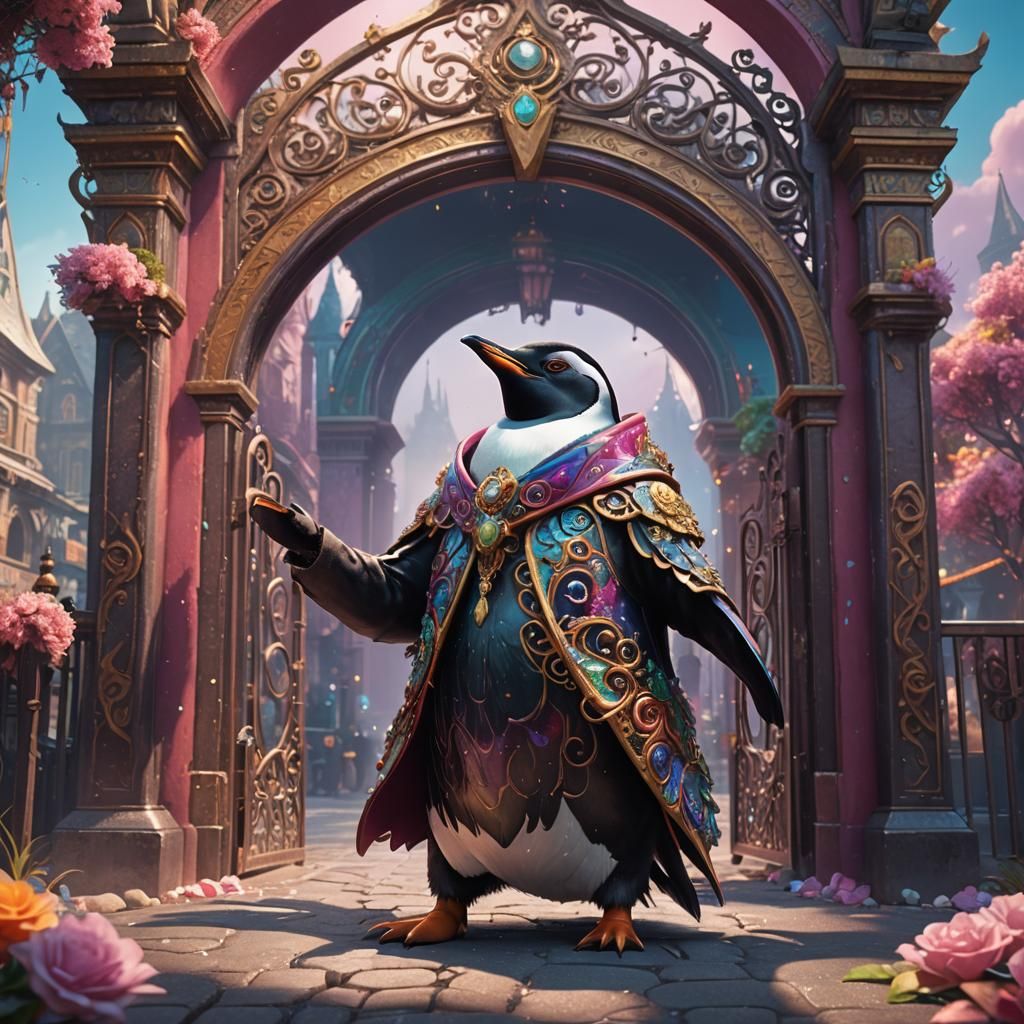 Penguin Piper at Dawn's Gate: Fantasy Concept Art