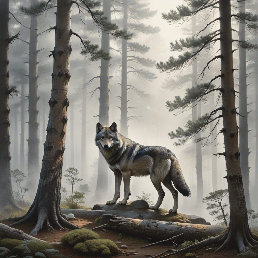 Wolf in Traditional Japanese Sumi-e Style