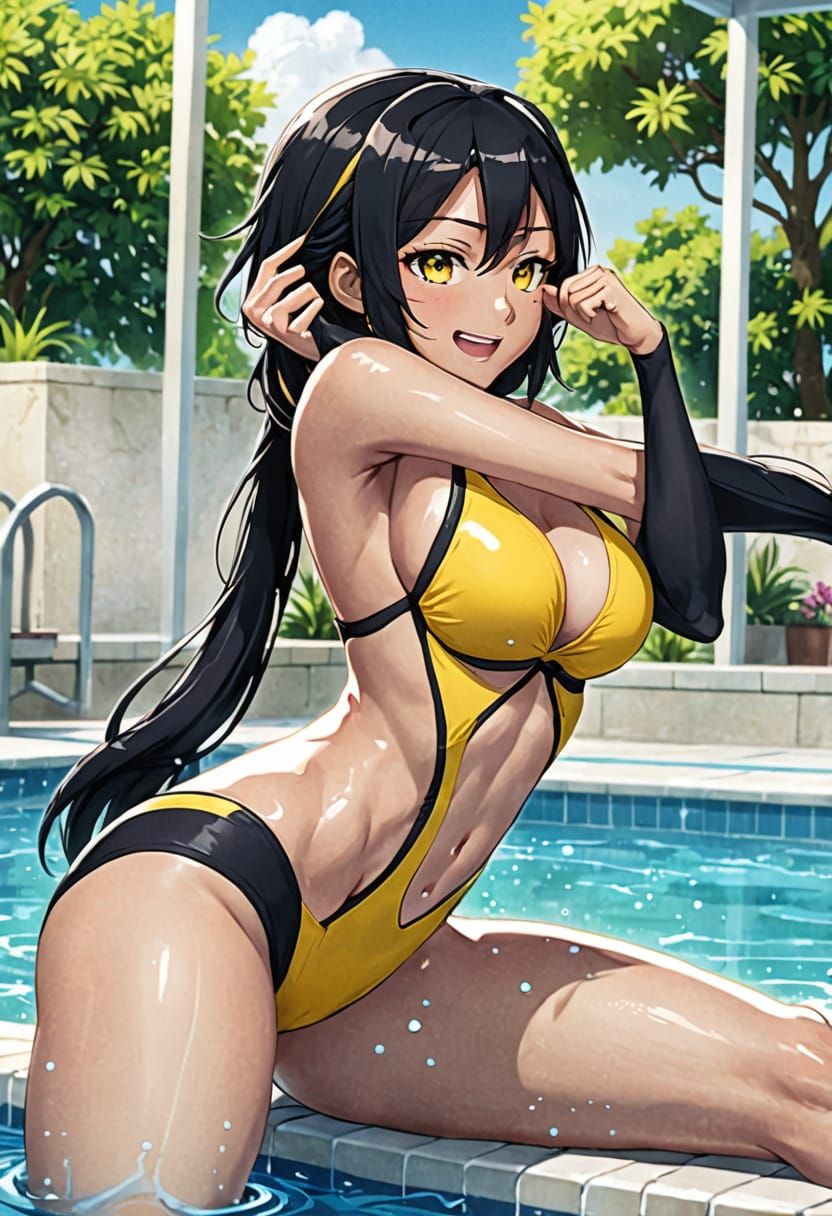 Girl with Black Hair Stretching in Pool, in Anime Style