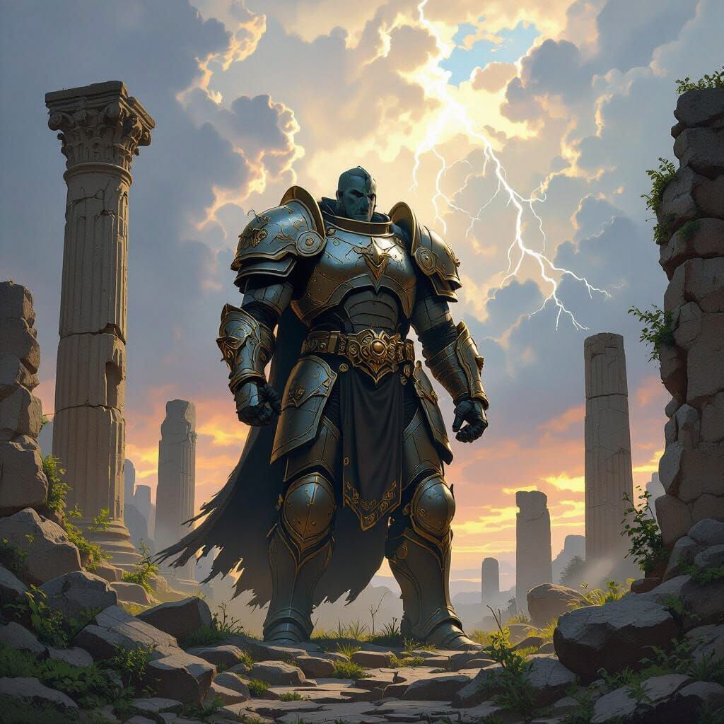 Goliath Paladin in Ruined Temple, Dramatic Fantasy Art