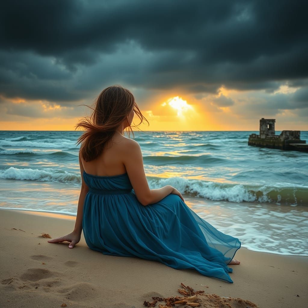 Woman Gazing at Overcast Sunset on Beach