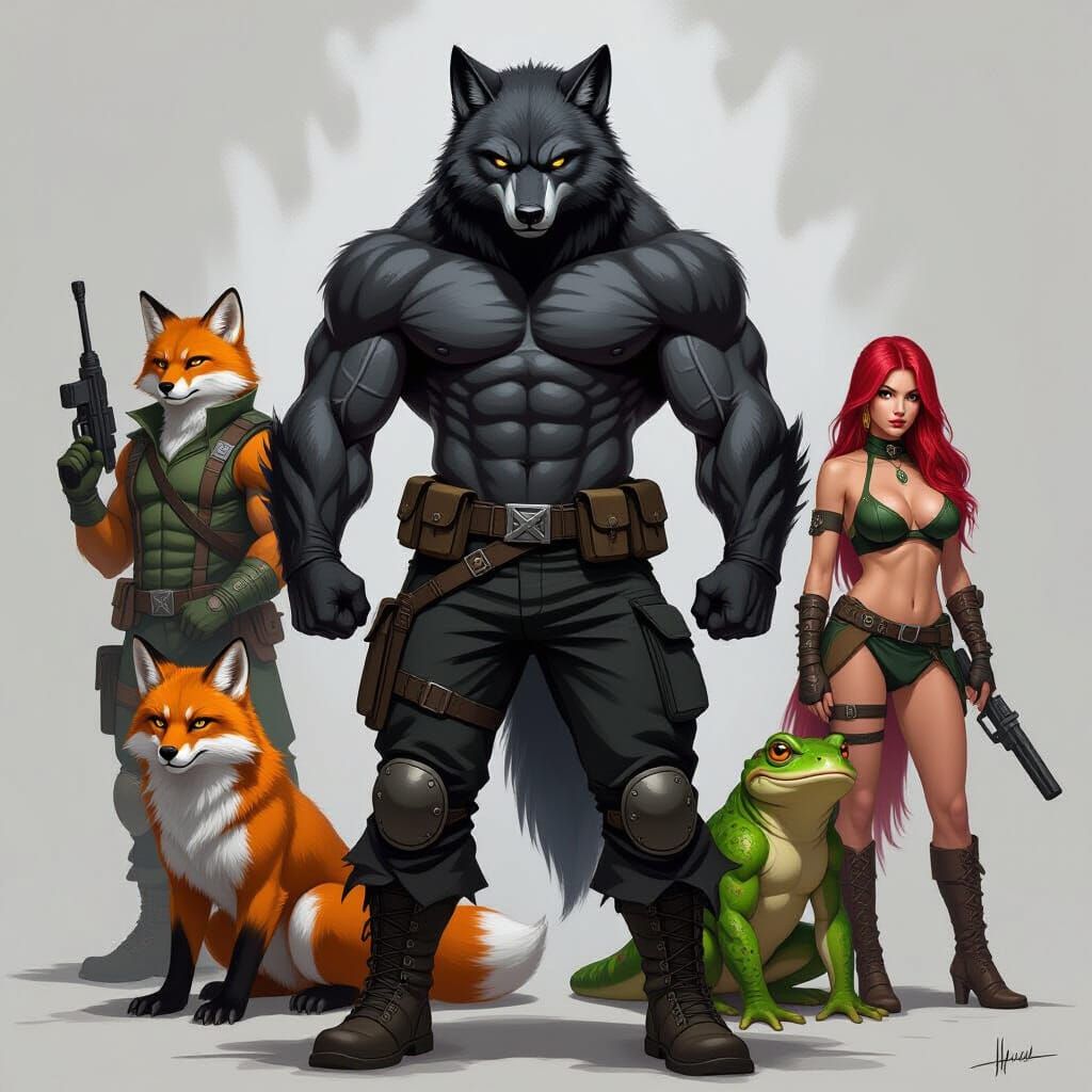 Fantasy Hybrid Werebear with Animal-Human Friends