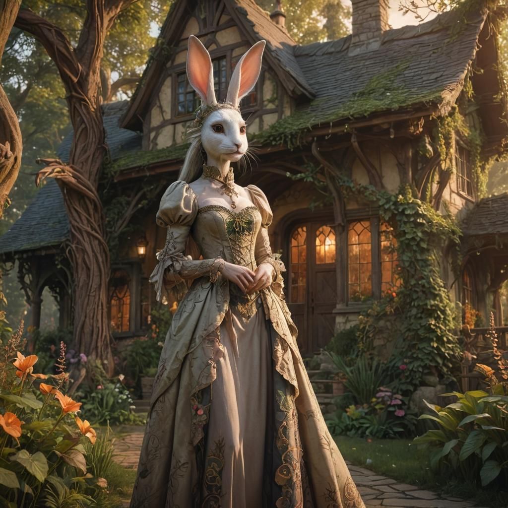 Whimsical Rabbit Creature in Mystical Forest Cottage