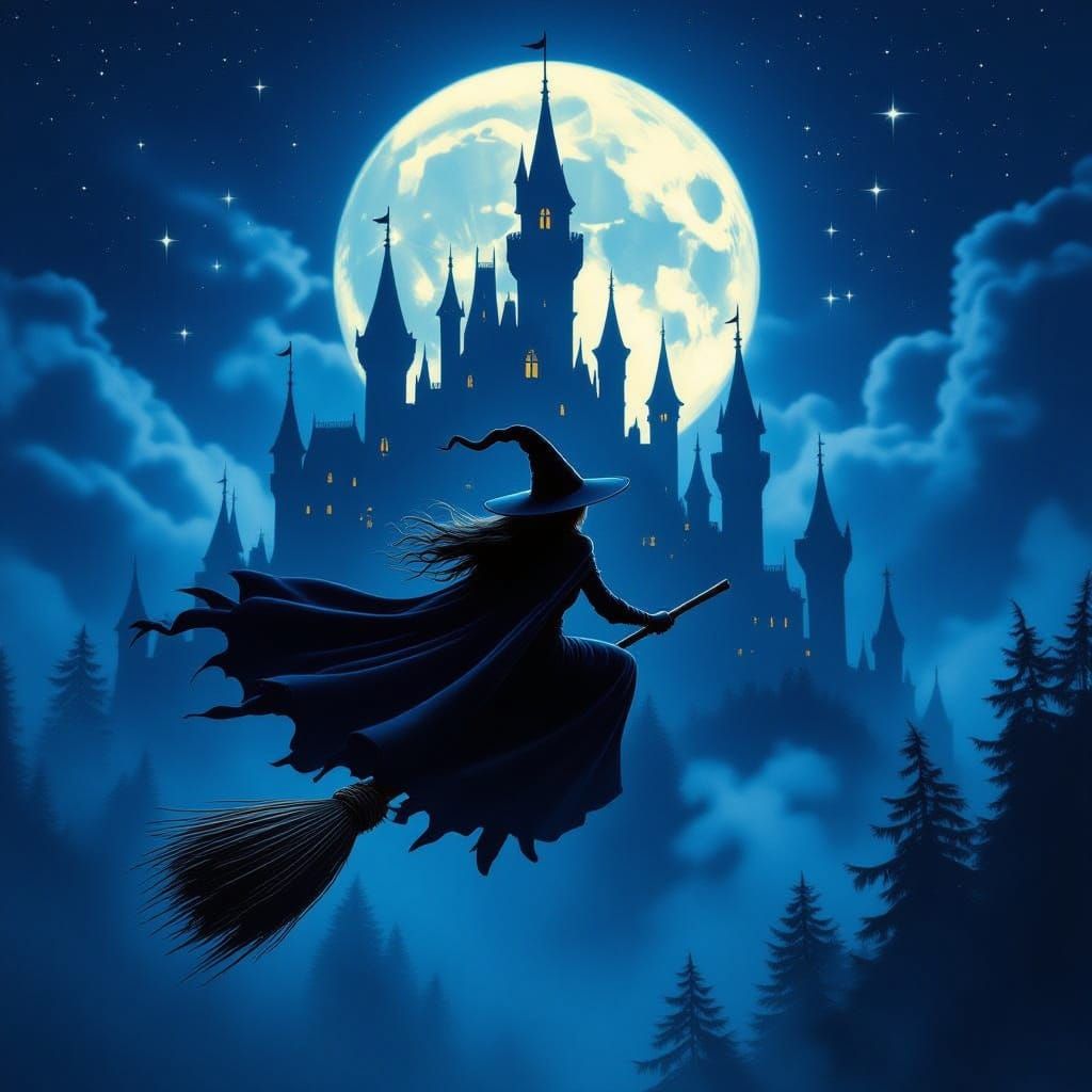 Witch Flies Broomstick Before Gothic Castle Under Full Moon