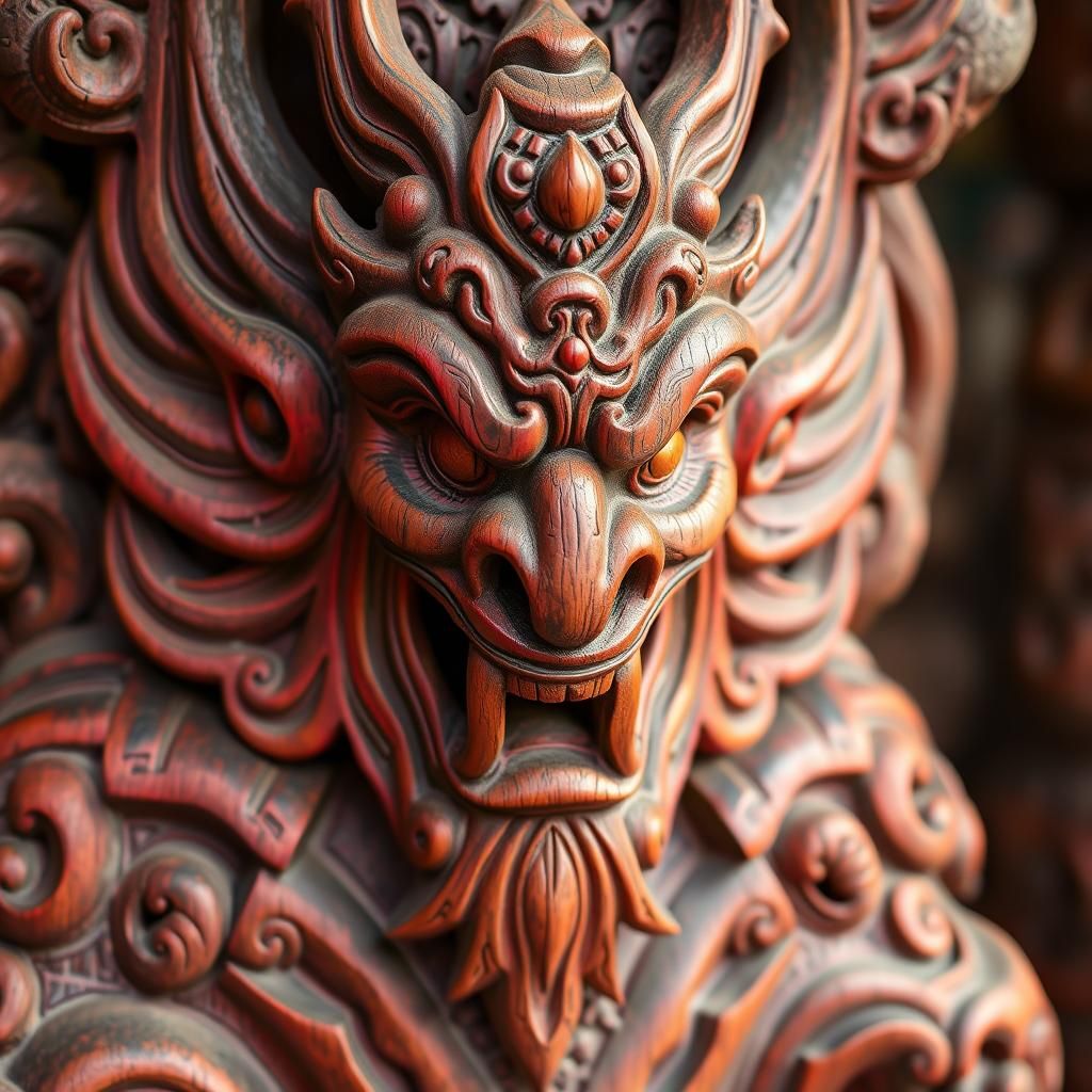 Detailed Totem Wood Carving in Vibrant Colors