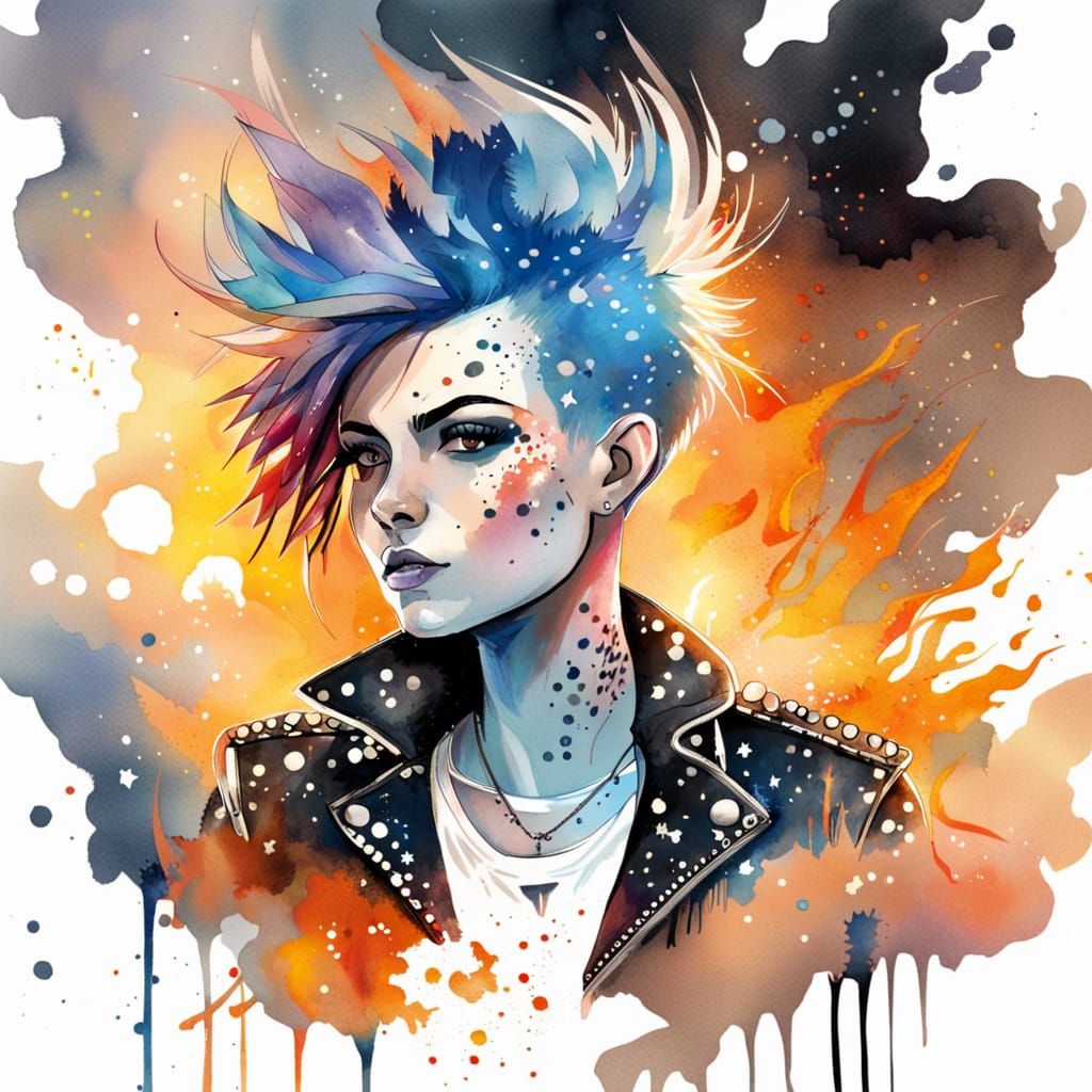 Punk Rock Woman in Watercolor with Flames