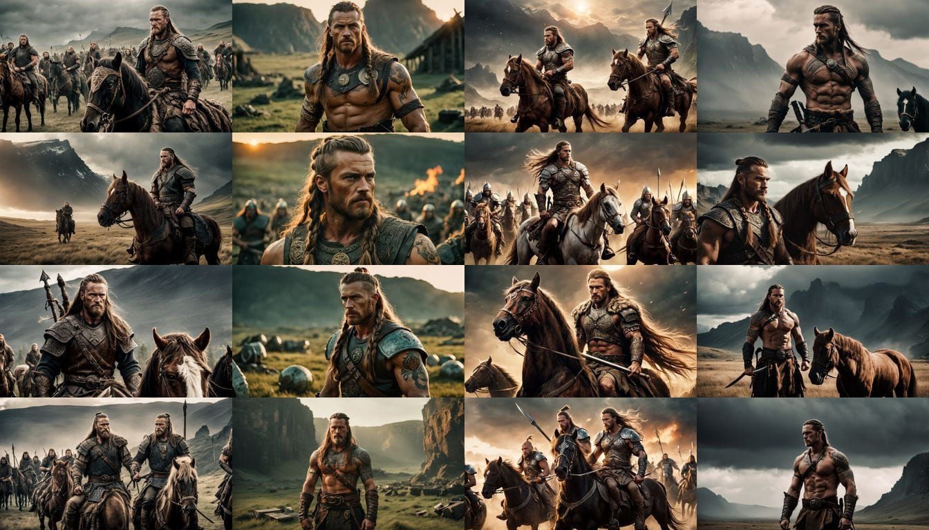 Handsome Northern Barbarian Warrior with Long Hair and Tatto...