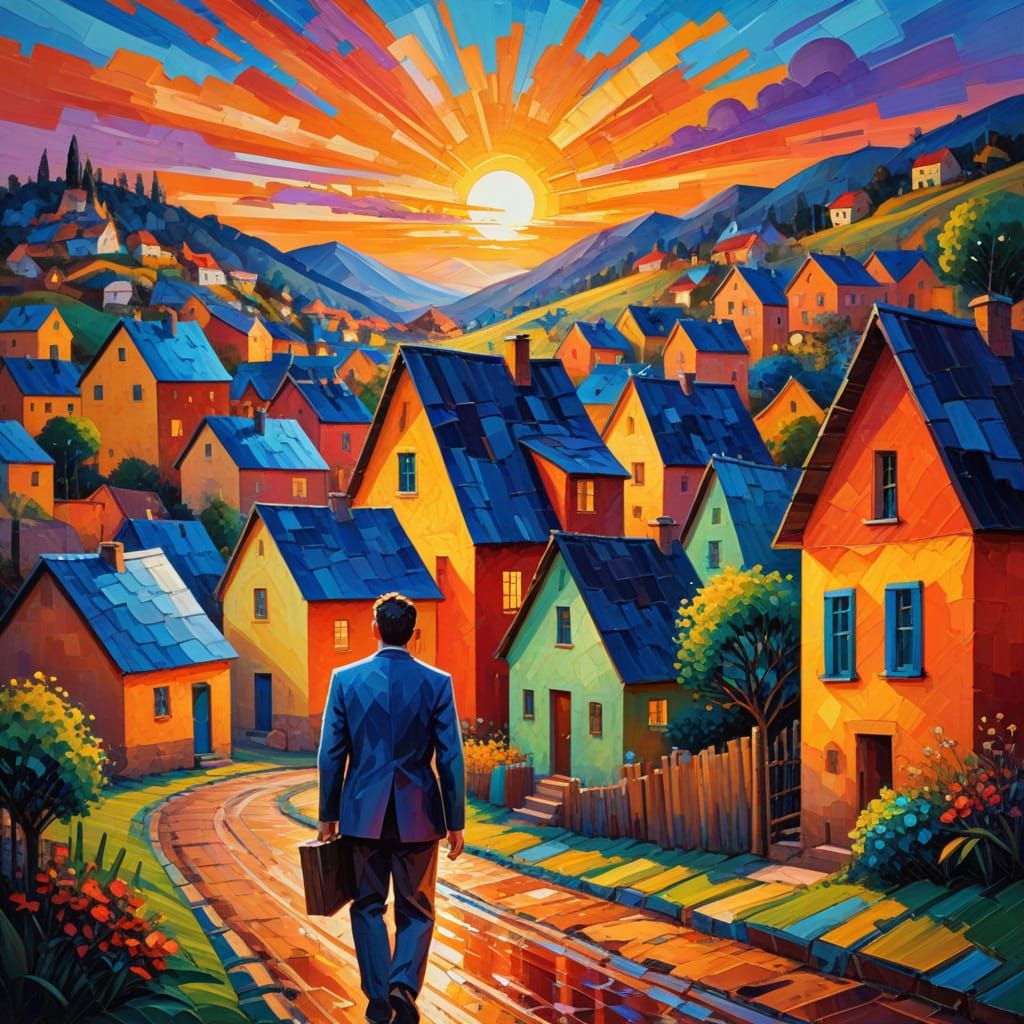 Colorful Cubist Village Scene in Impressionist Style