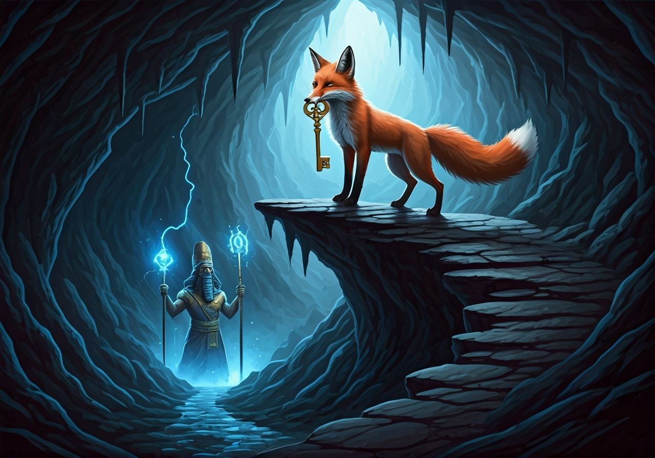 Mesopotamian God and Cunning Fox in TCG Style
