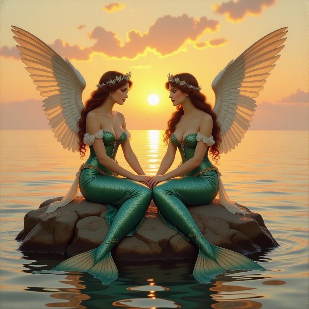 Mermaids with Angelic Wings at Golden Hour