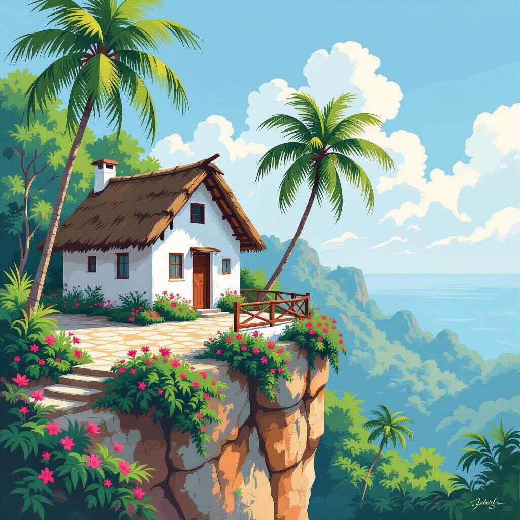 Tropical Hut Overlooking Jungle, Impressionistic Gouache