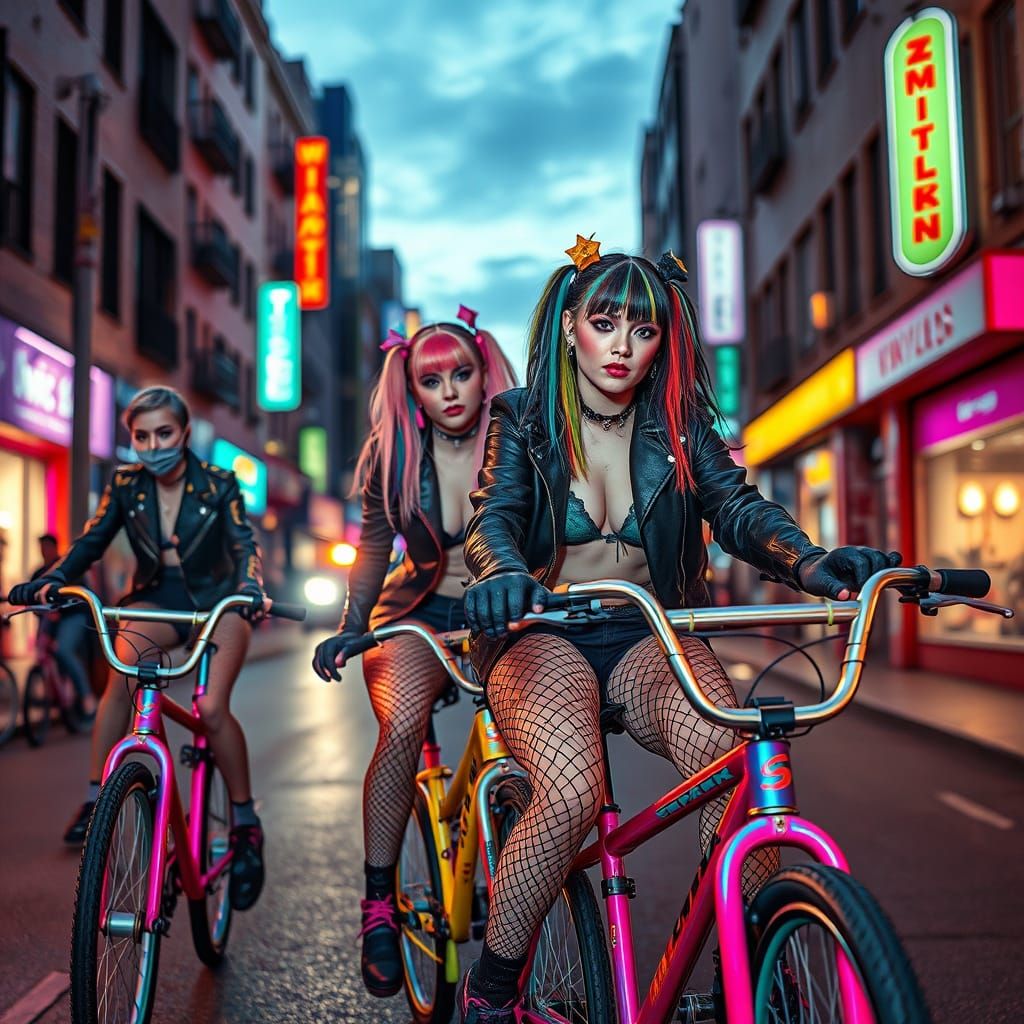 Rainbow Goth Punk Girls Ride BMX in Neon City