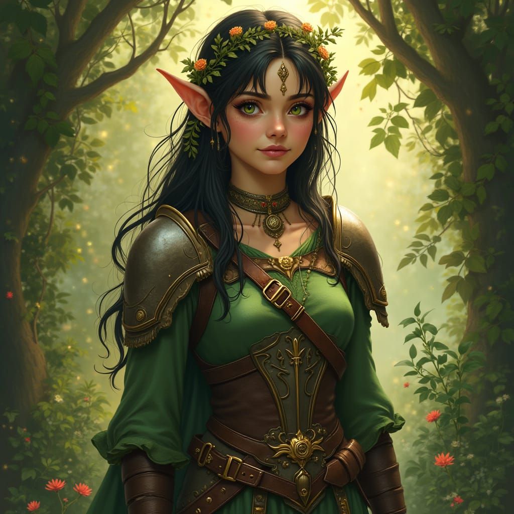Elegant Elf Warrior in Golden Light, Art Nouveau Fantasy