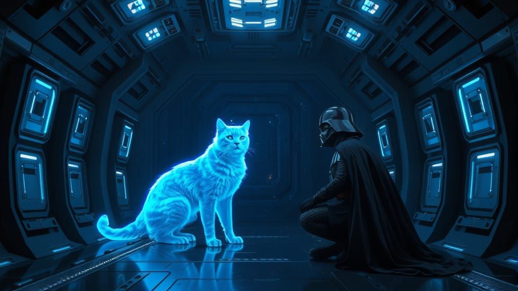 Cyberpunk Spaceship Interior with Majestic Hologram Cat