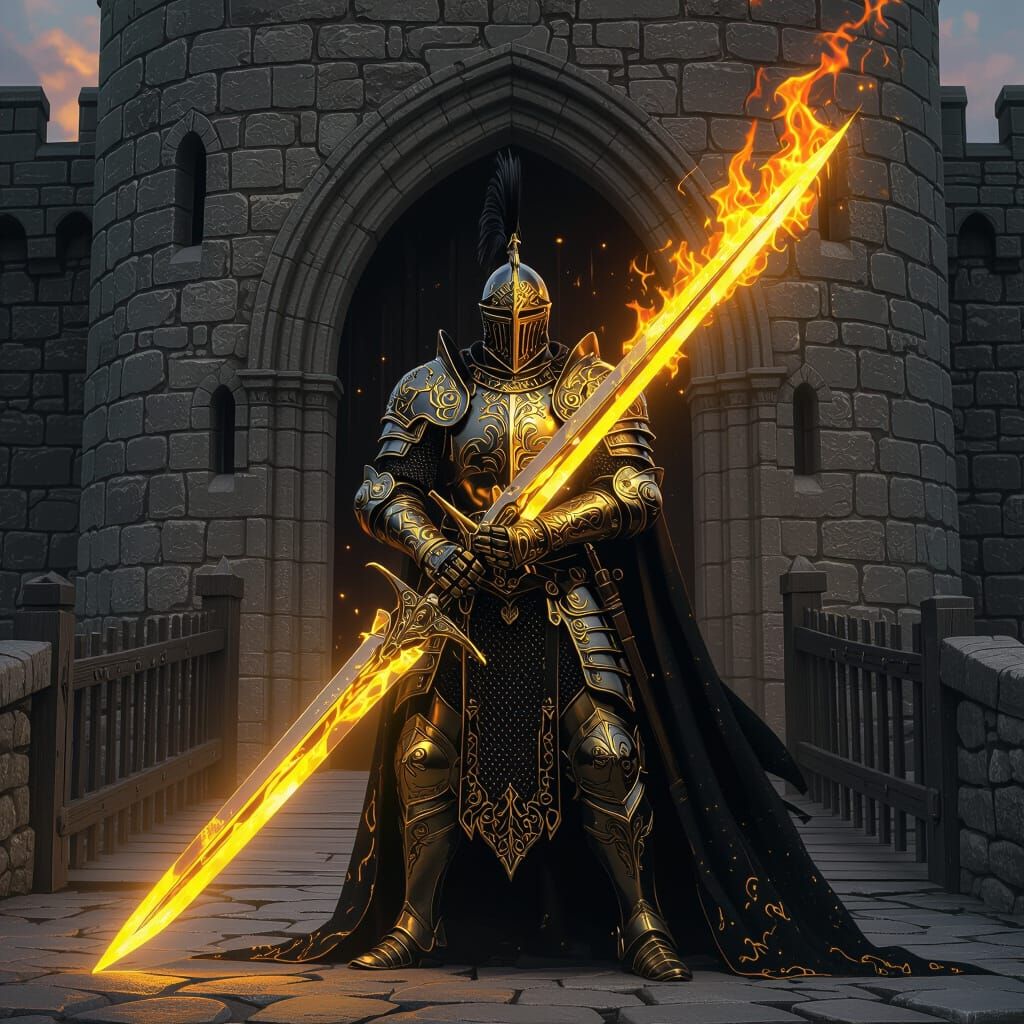 Warrior in Gold Black Armor with Flaming Sword