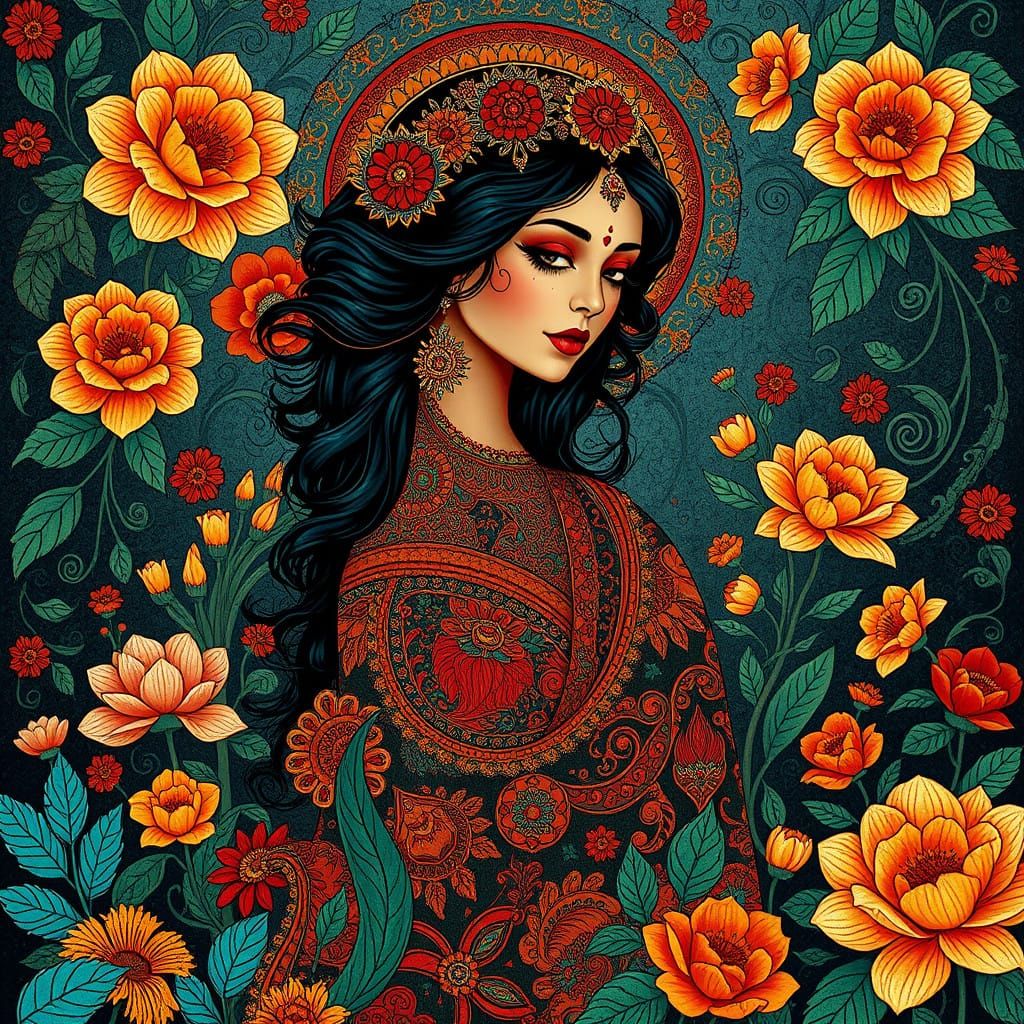 Elegant Woman in a Fantastical Madhubani-Inspired Garden