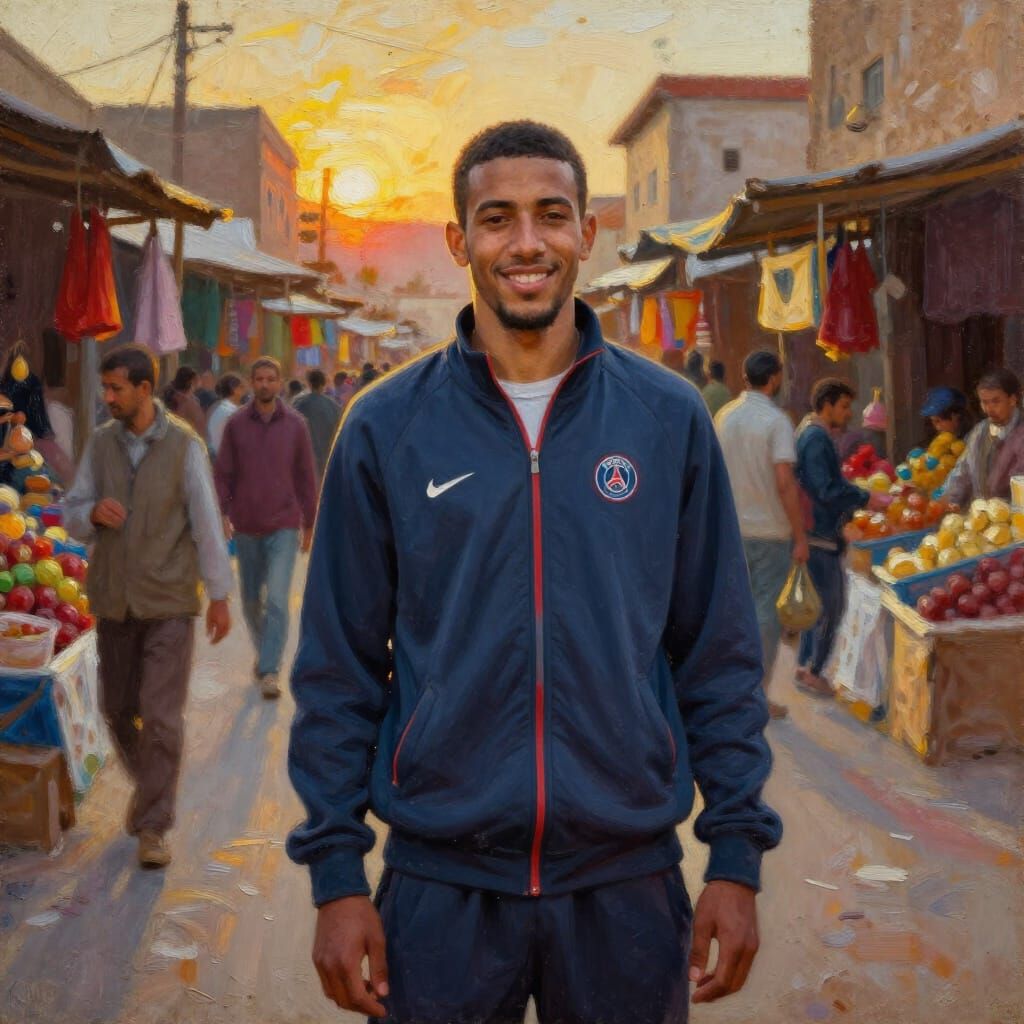 Man in PSG Tracksuit at Market at Sunset