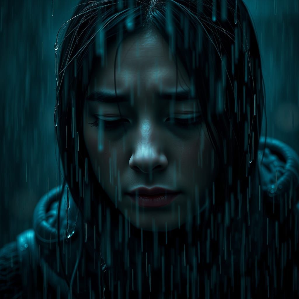 Mourning Woman in Rainy Cityscape