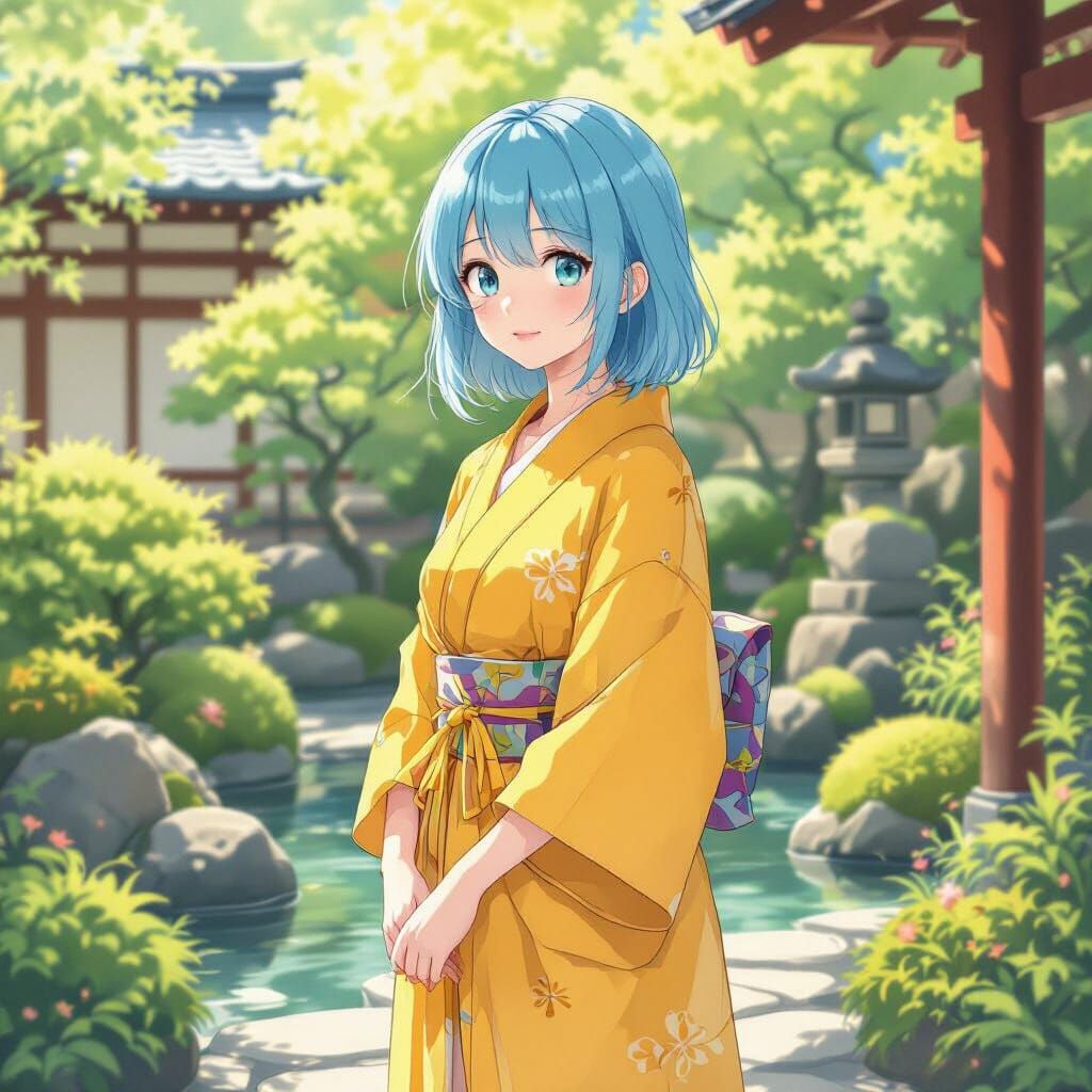 Cyan-Haired Teen in Japanese Garden, Anime Style