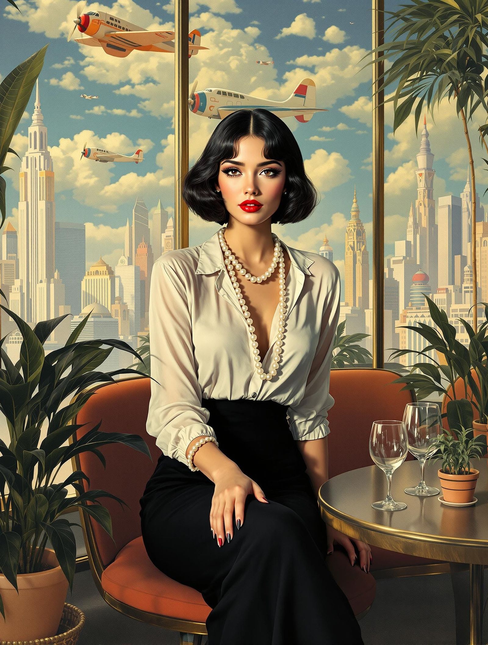 Elegant Woman in Futuristic Café