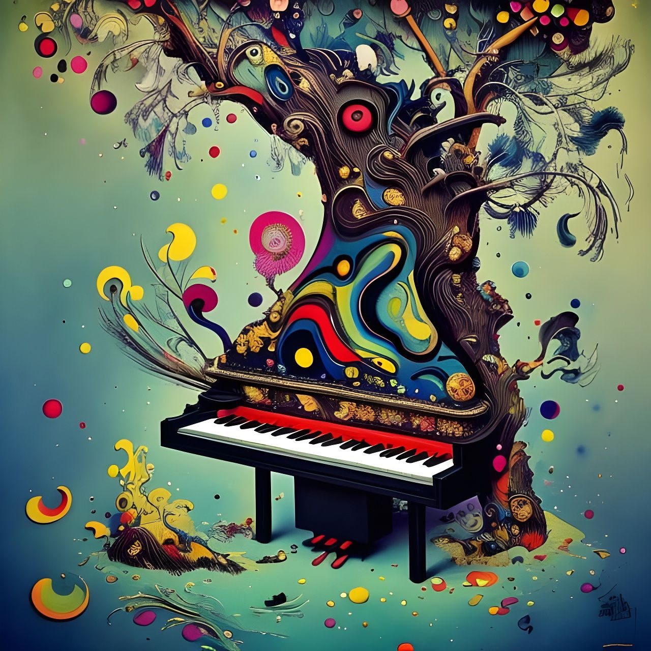 Tree Piano: A Surrealist Carving in Vivid Colors