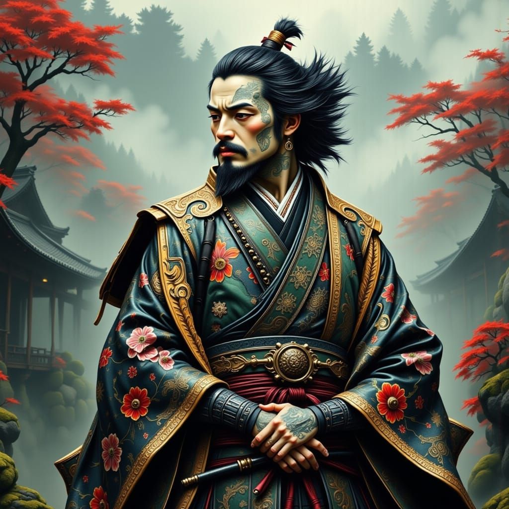 Tattooed Samurai in Japanese Garden, Ukiyo-e Style