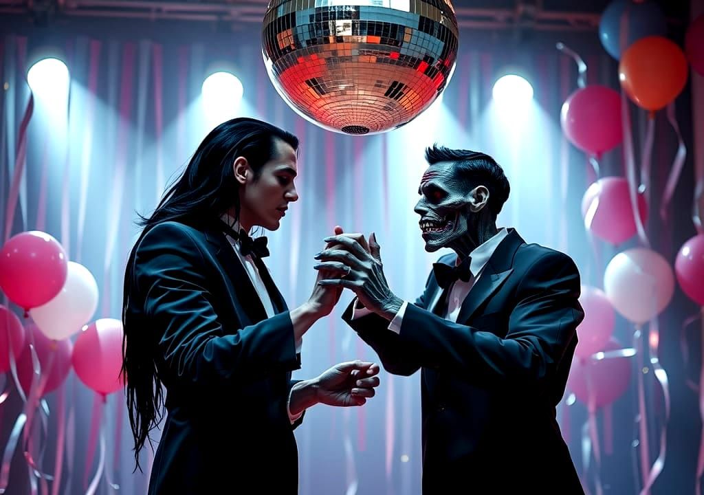 Vampire and Zombie Dance Under Disco Ball