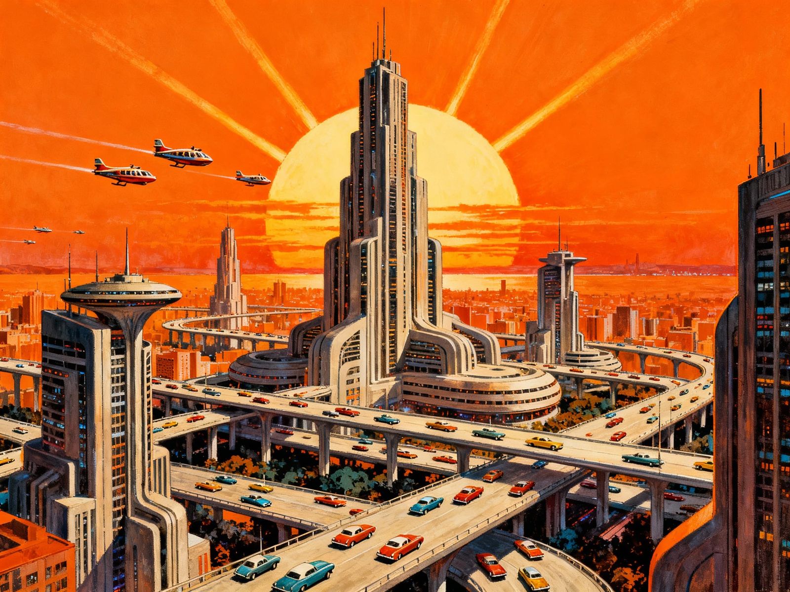 Retro Futurism Cityscape With Orange Sun