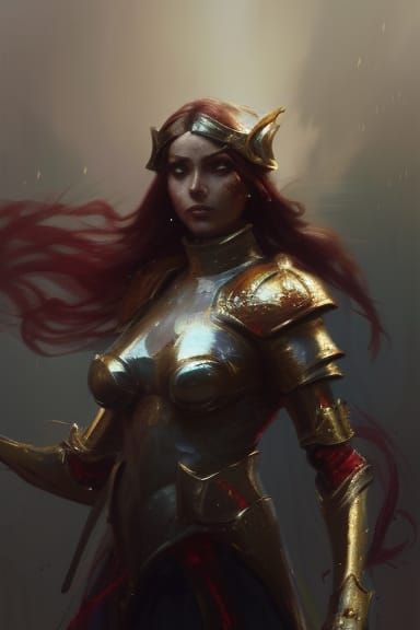 Radiant Female Knight in Red and Gold Armor