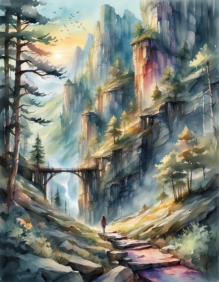 Appalachian Summer Mountain Landscape in Watercolor Style