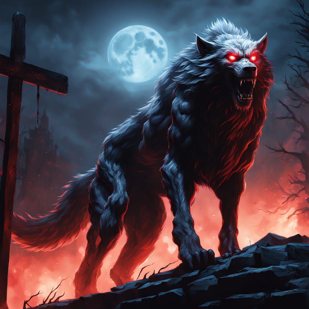 Towering Werewolf in Moonlit Graveyard