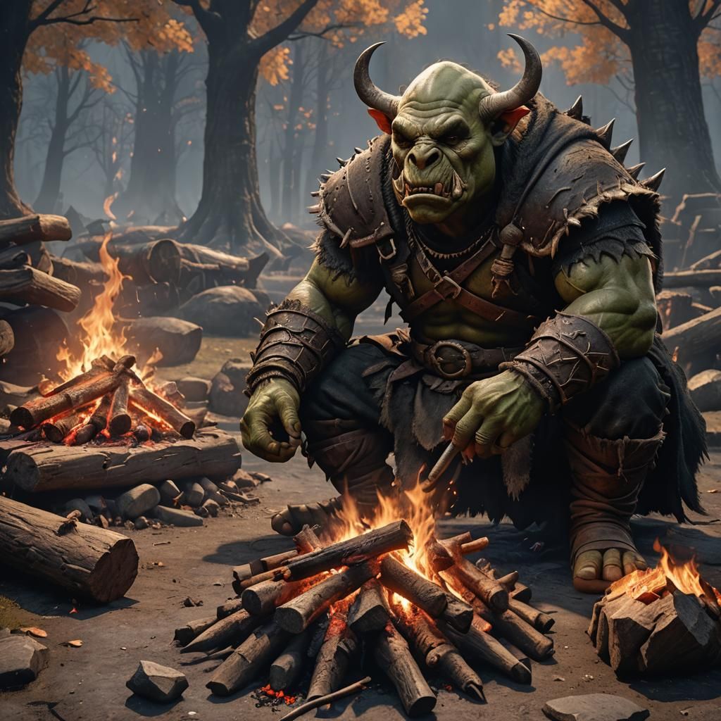 Half-Orc Roasting Boar: Fantasy Concept Art