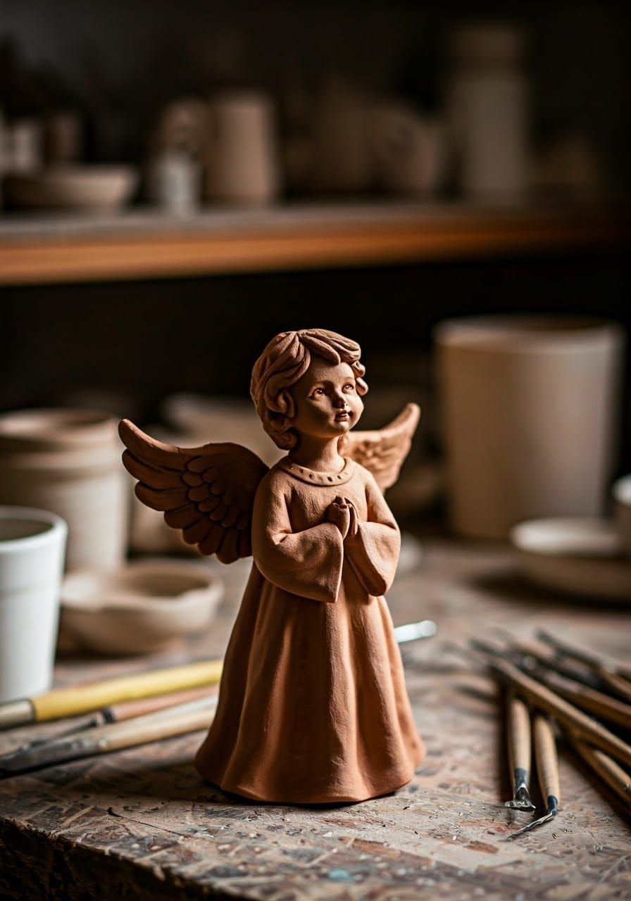 Intricately Detailed Terracotta Angel in a Potter's Workshop