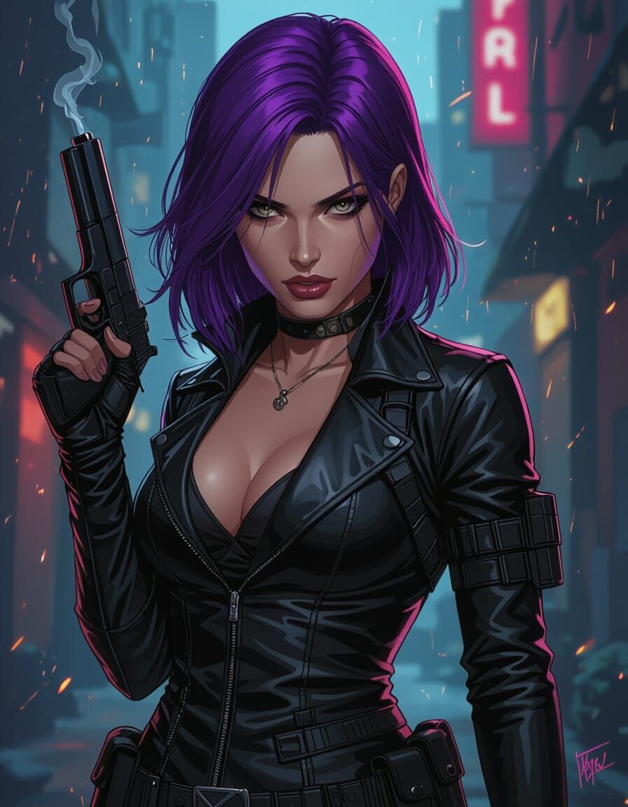 Purple Haired Assassin Draws Smoking Pistol
